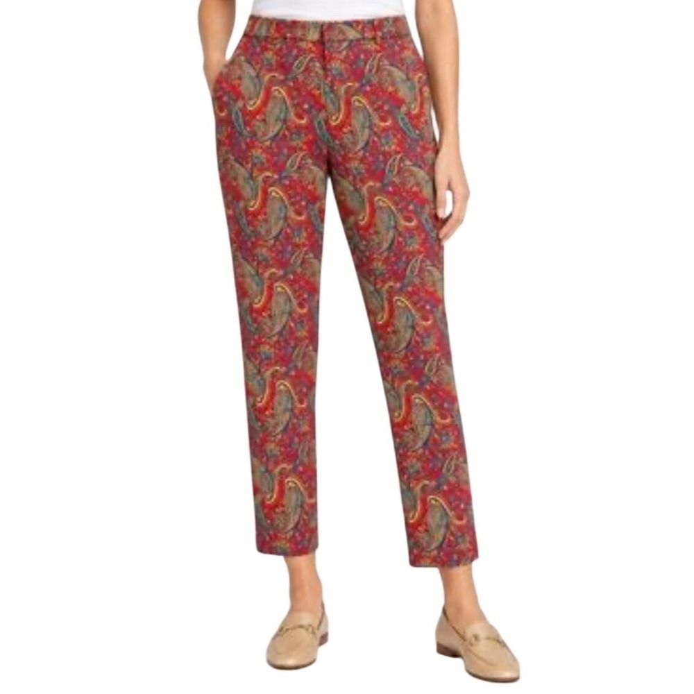 Lauren Ralph Lauren Cotton Pants Size 14 Red Paisley Ankle Slim Tapered Preppy